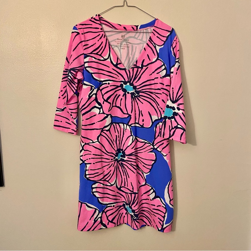 NWT MAHI GOLD Pink and Blue Floral Dress Large - Picture 2 of 8